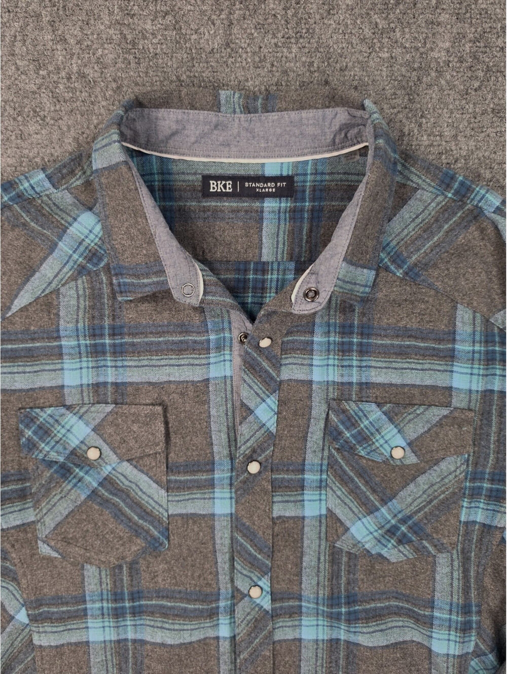 BKE Western Shirt Mens XL Gray Blue Plaid Pearl Snap Flannel Long Sleeve